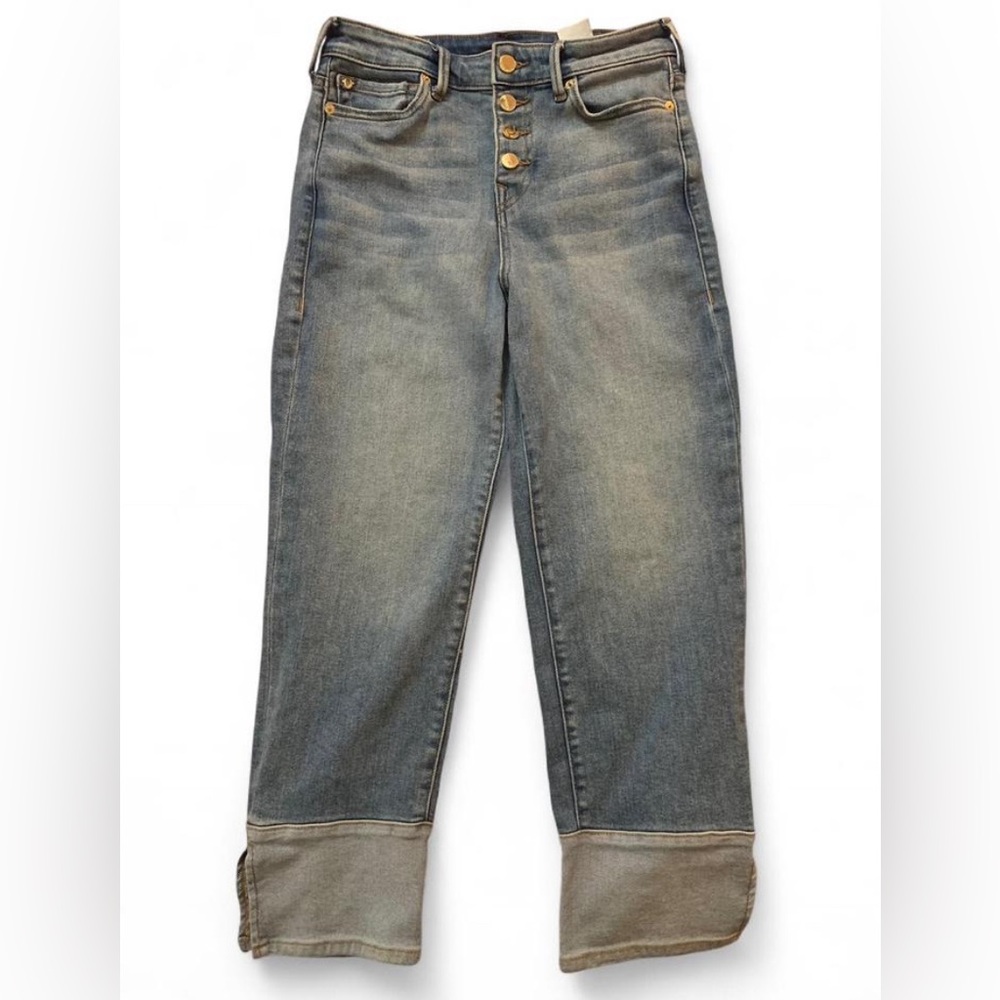 True Religion Starr Mid Rise Cropped Straight Leg Jeans - Blue Gold Accent 28